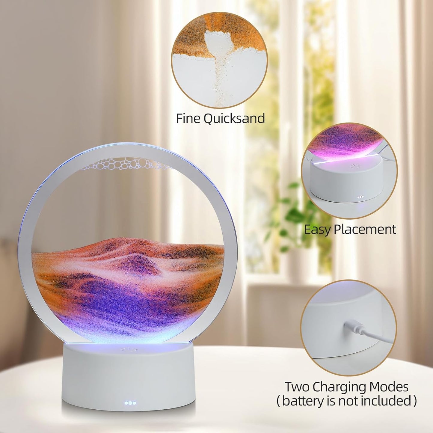 KPNUWN Moving Sand Art Liquid Motion, 3D Deep Sea Sandscape Color Quicksand Decor, Round Glass Moving Sand Art Picture Relaxing Desktop Home Office Work Decor (7 inch-Orange Light)