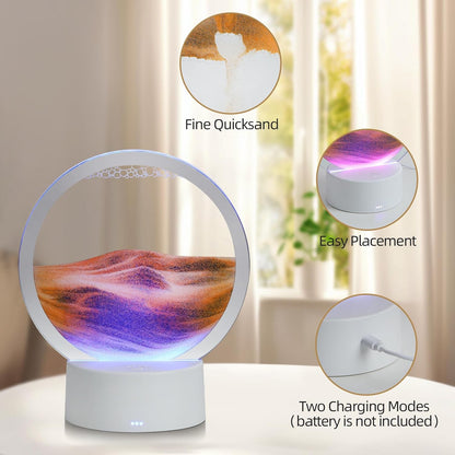 KPNUWN Moving Sand Art Liquid Motion, 3D Deep Sea Sandscape Color Quicksand Decor, Round Glass Moving Sand Art Picture Relaxing Desktop Home Office Work Decor (7 inch-Orange Light)