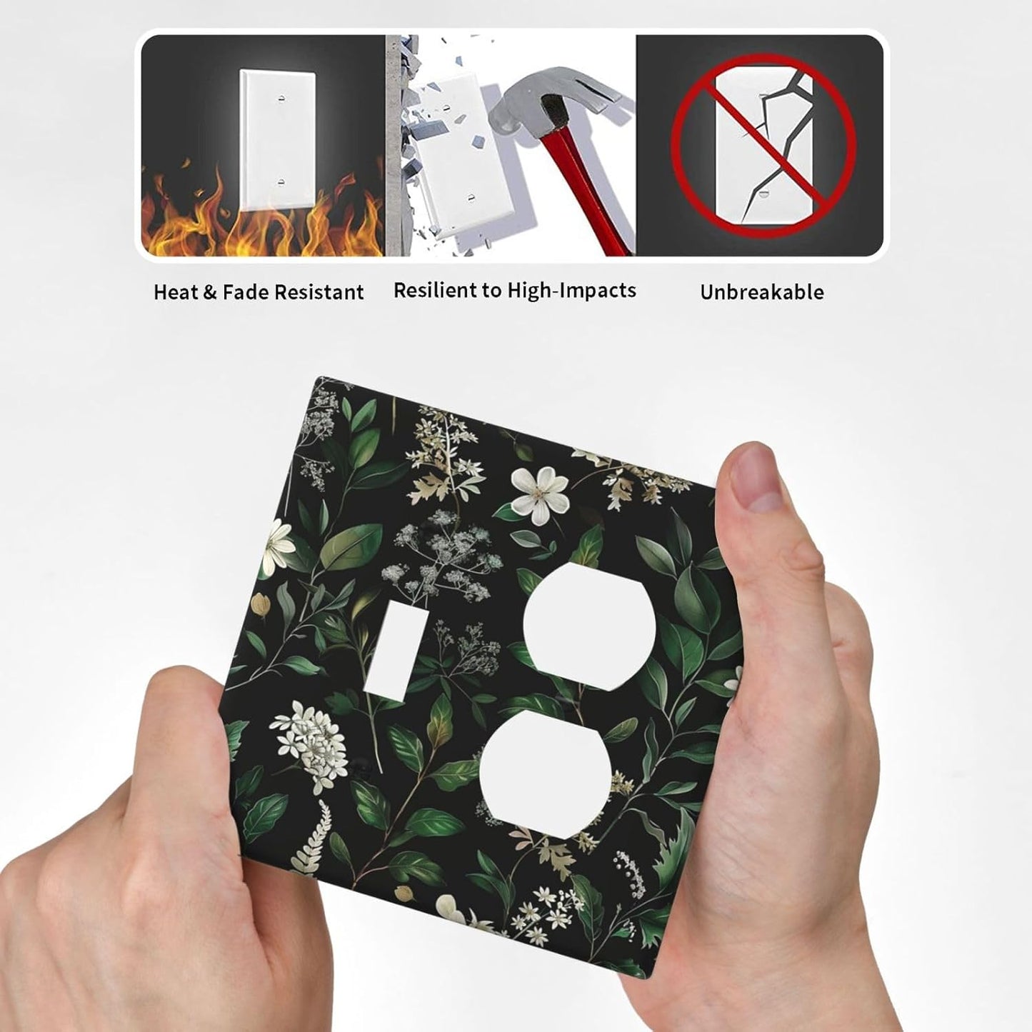 Decorative Outlet Covers Rustic Green Leaves White Flower 2 Gang Wall Plate Cover Single Toggle Duplex Combo Two Switch Light Switch Cover Plate Jumbo GFCI Faceplate for Home Decor