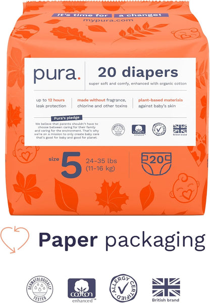 Pura Size 5 Eco-Friendly Diapers (24-35lbs) Totally Chlorine Free (TCF) Hypoallergenic, Soft Organic Cotton, Sustainable Comfort, 12 Hours Leak Protection, Allergy UK,1 Pack of 20 Diapers