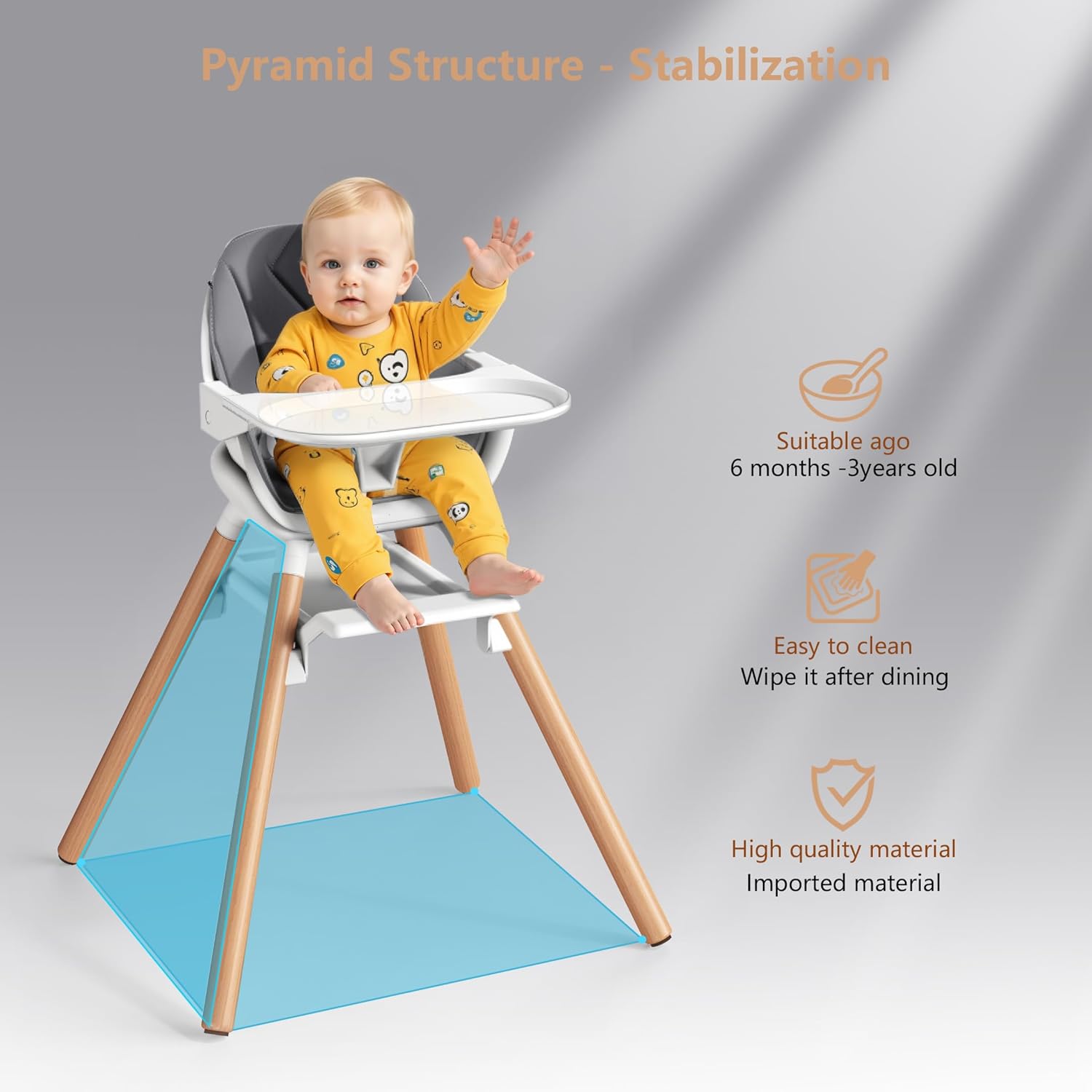 Baby High Chair, Highchair for Baby & Toddler, Easy Clean Infant Highchair, 6 in 1 Feeding High