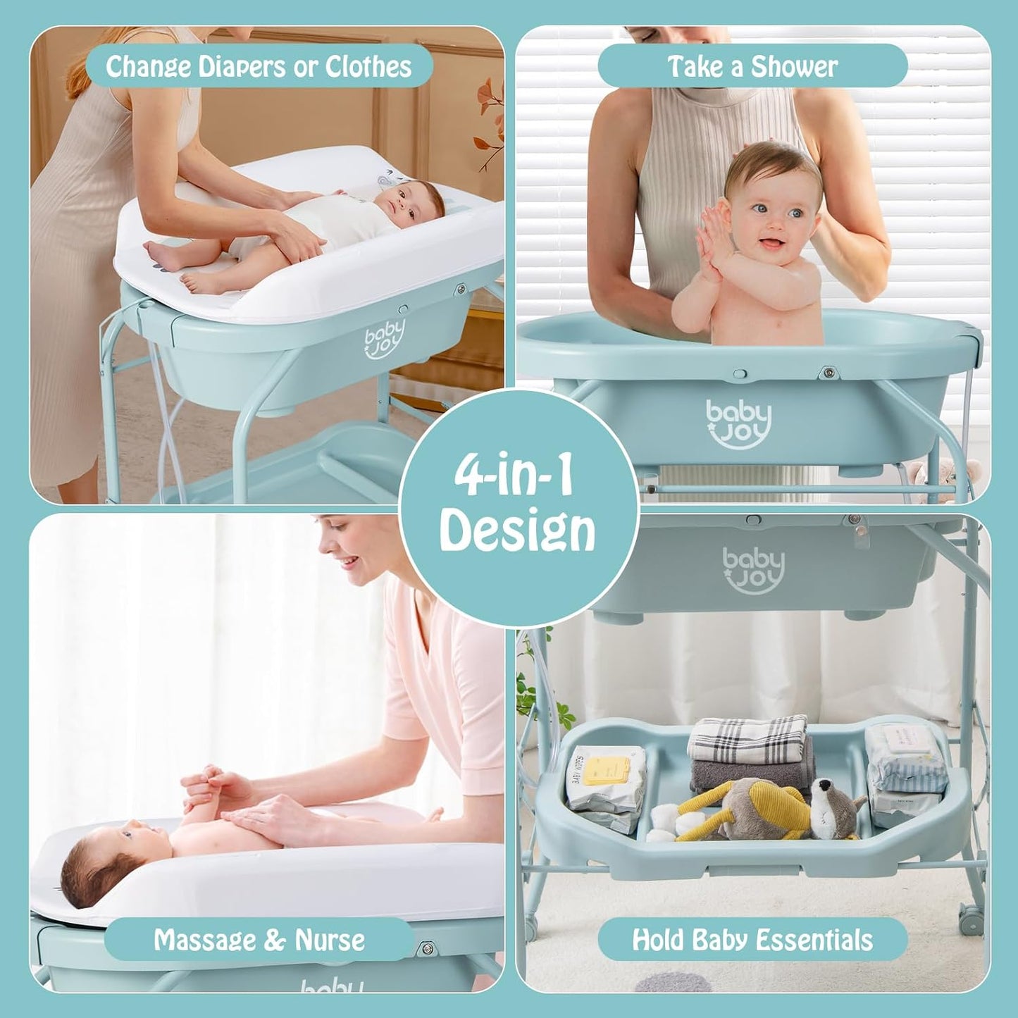 BABY JOY Baby Bathtub with Changing Table, Foldable Infant Diaper Changing Station with Storage