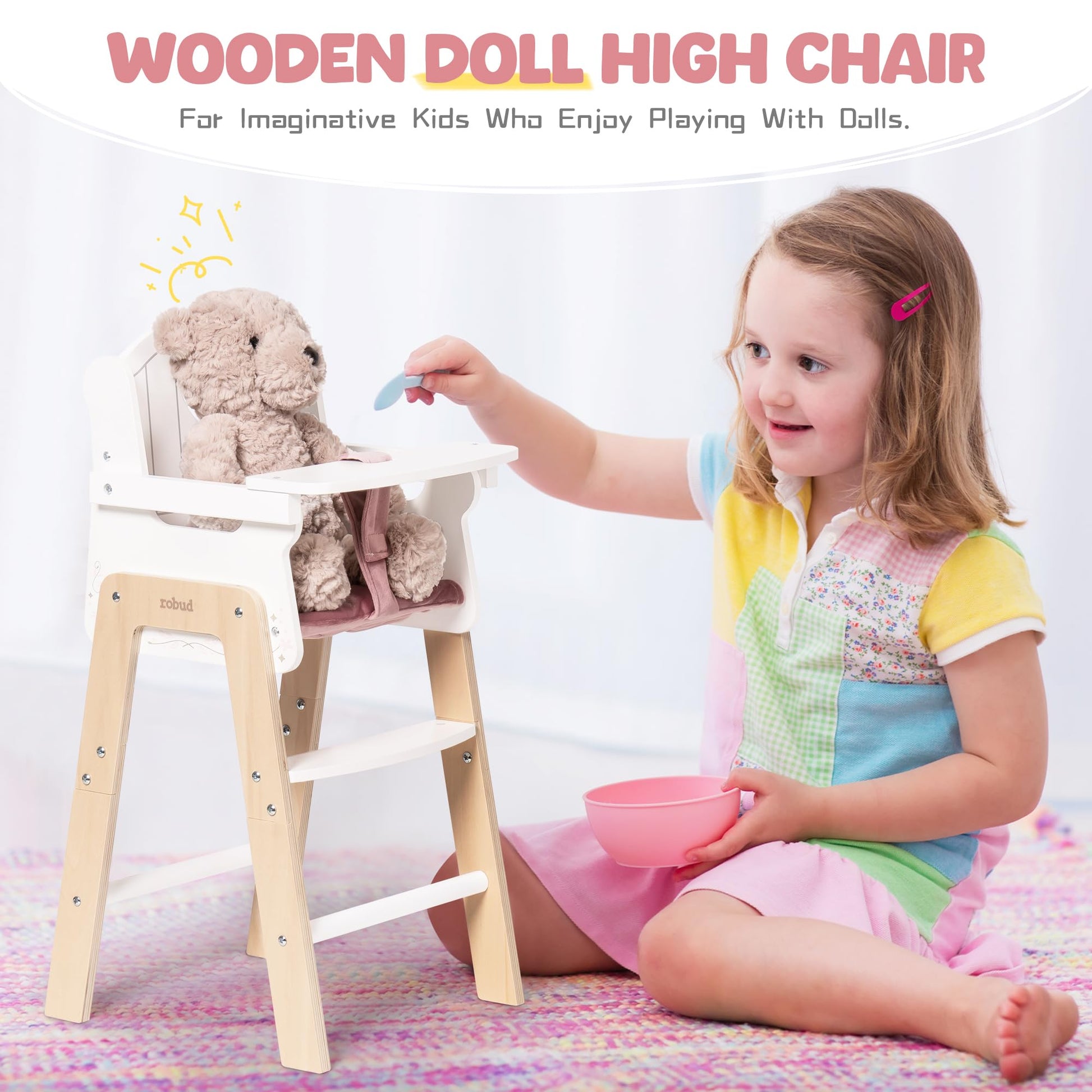 ROBUD Play High Chair, Pretend Play High Chair with Cushion, Movable Table, Wooden Baby Doll