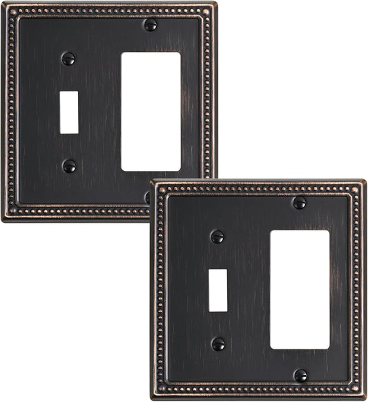 2-Pack Combo Toggle/Decorator Light Switch Cover Plate, Pearls Decorative Electrical Outlet Covers, Metal Wall Switch Plates and Outlet Covers, Aged Bronze