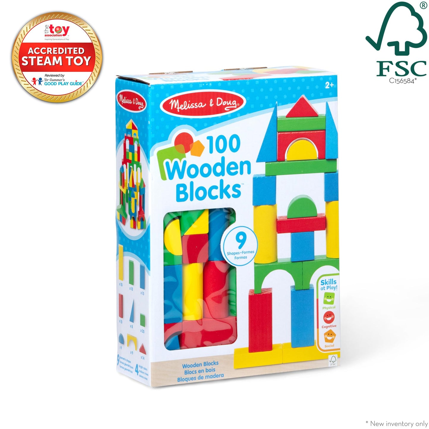 Melissa & Doug Wooden Building Blocks, 100-Piece Set of Sorting & Stacking Toys in 4 Colors and 9