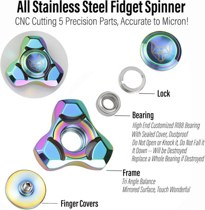 FREELOVE Metal Fidget Spinner, Stainless Steel Heavy, Long Spinning Toys, Cool Silent, Small Mini Fox Figette Spiner for Adults Men Anxiety, Quiet Bearing, Rainbow