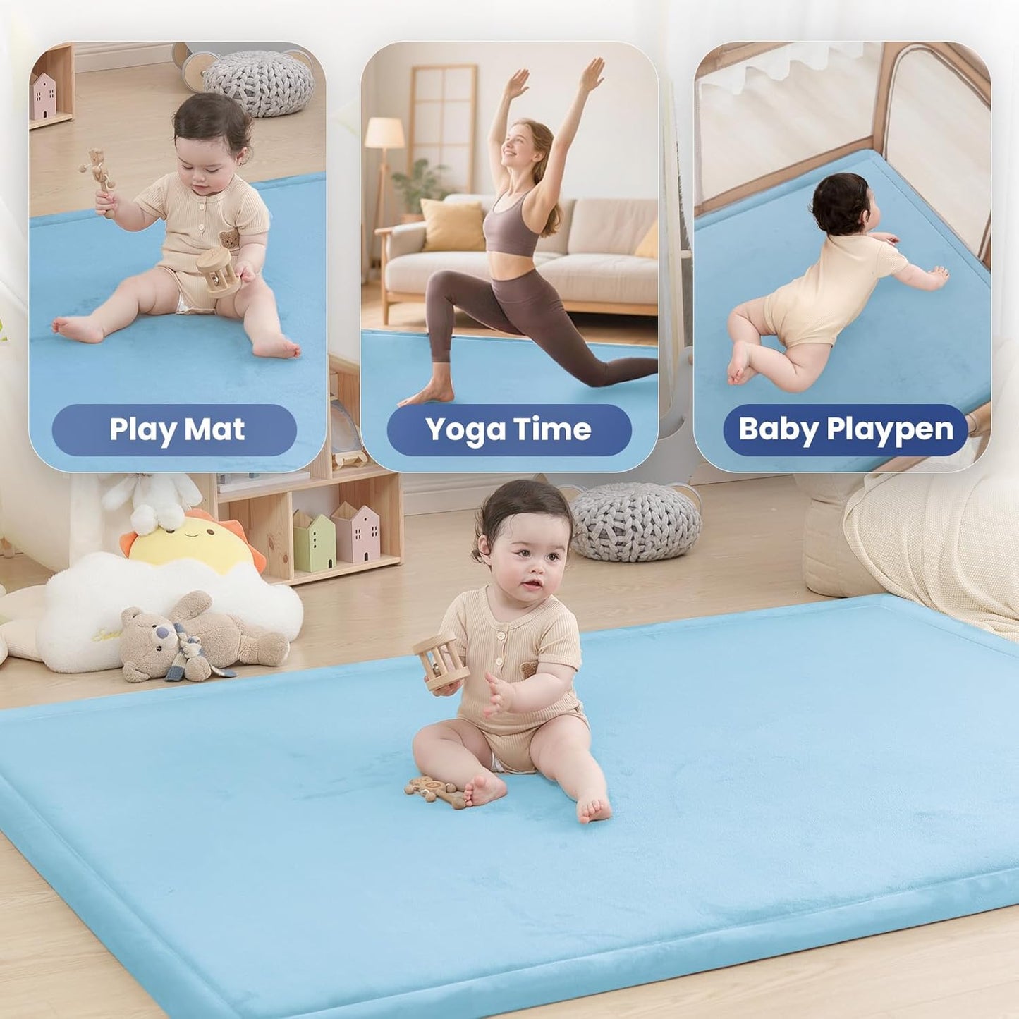 Baby Play Mat for Floor,1.3" Thick Memory foam Tummy Time Mat for Toddlers,Infants,kids,Water-Repellent Soft Nursery Rug,Extra Large Non Slip for Crawling&Yoga,Tatami Style for Living Room(Light Blue)