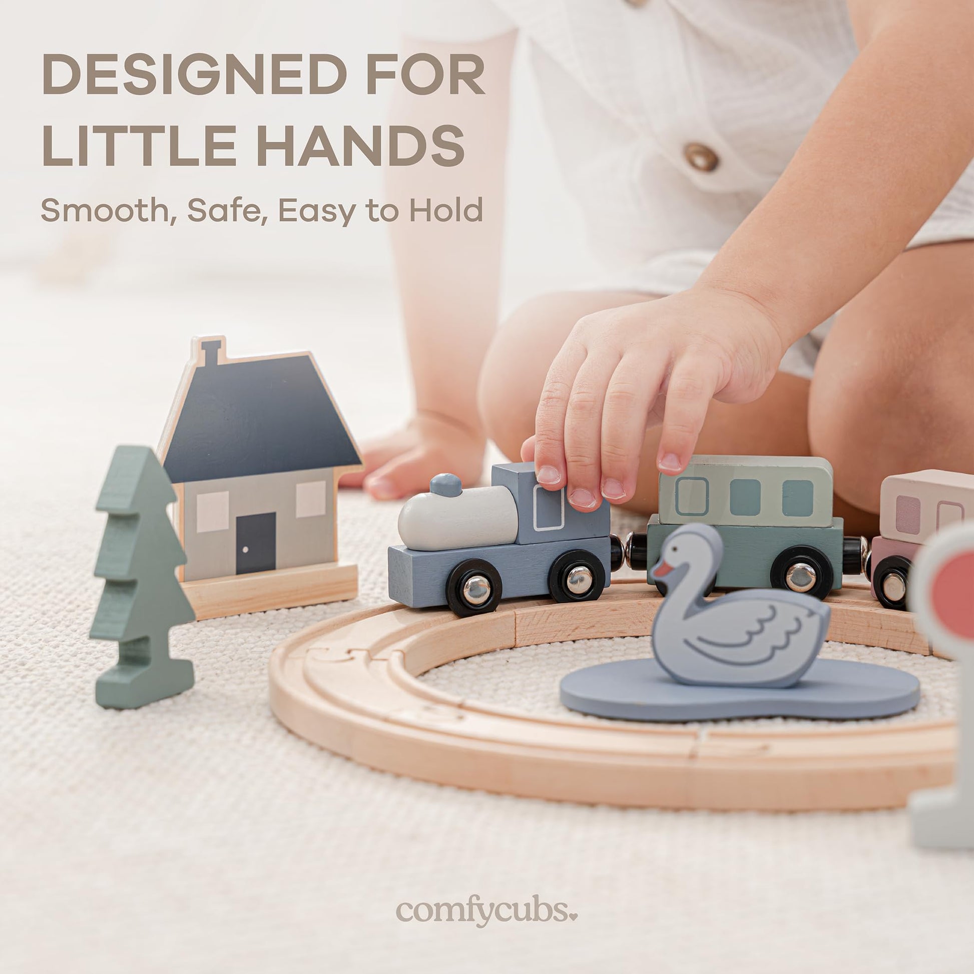 Comfy Cubs 30-Piece Wooden Train Set for Toddlers Ages 1+, Fun & Eco Friendly Toddler Train Set