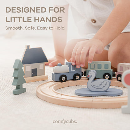 Comfy Cubs 30-Piece Wooden Train Set for Toddlers Ages 1+, Fun & Eco Friendly Toddler Train Set