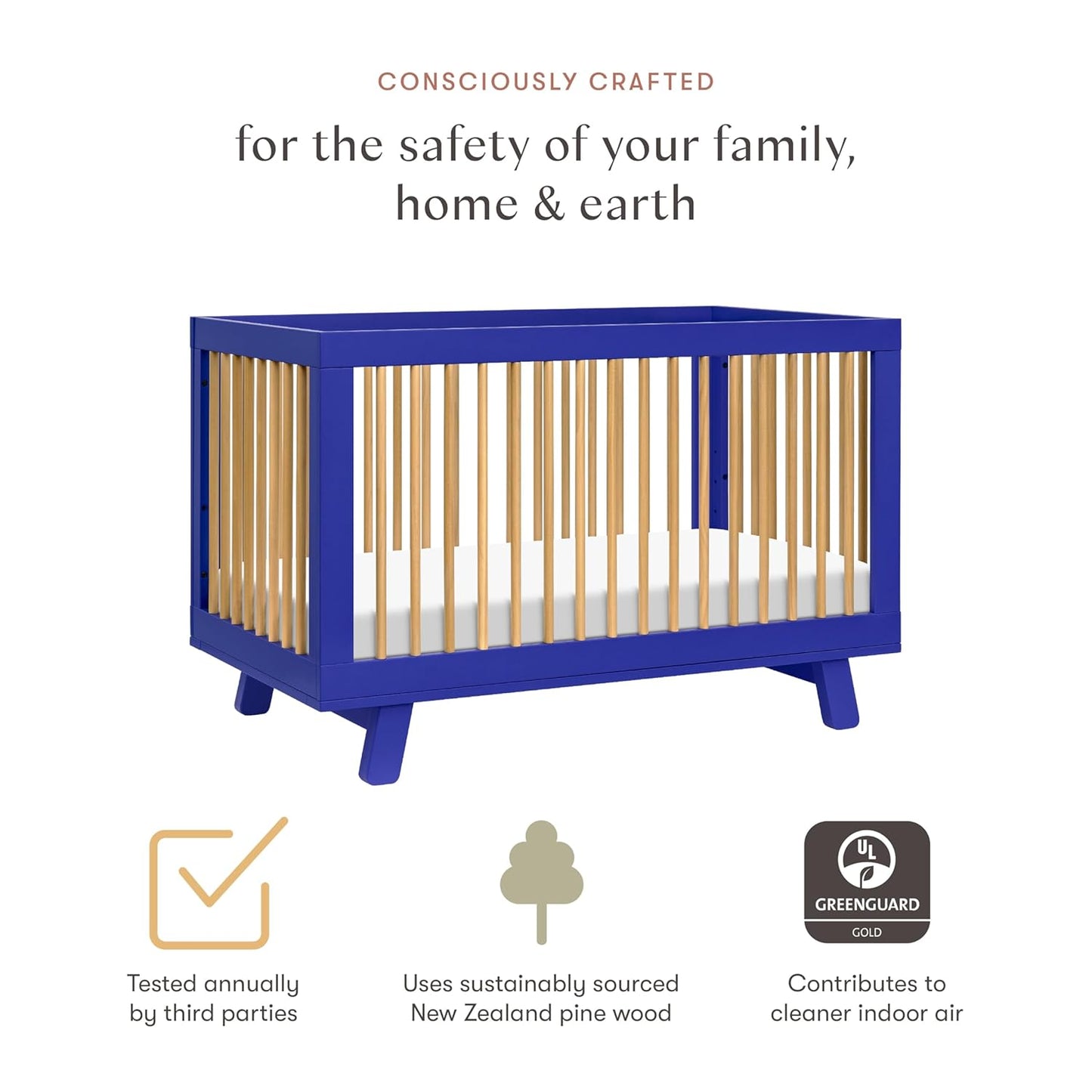 Babyletto Hudson 3-in-1 Convertible Baby Crib with Toddler Bed & Daybed Conversion - Strong, Durable & Easy to Assemble - GREENGUARD Gold Certified w/ 4 Adjustable Mattress Heights - Cobalt and Honey