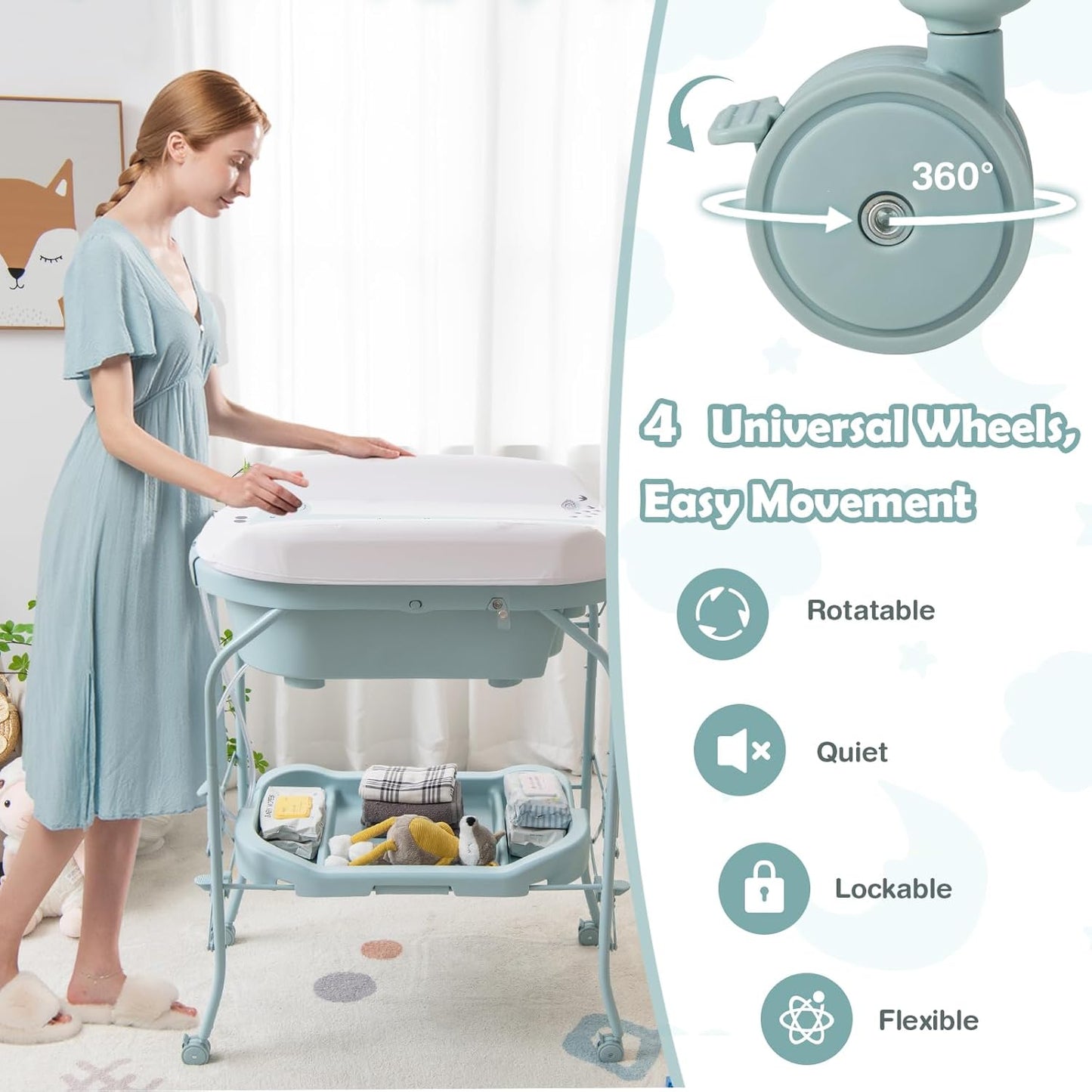 HONEY JOY Baby Changing Table with Bathtub, Foldable Infant Diaper Changing Station with Wheels
