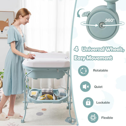 HONEY JOY Baby Changing Table with Bathtub, Foldable Infant Diaper Changing Station with Wheels