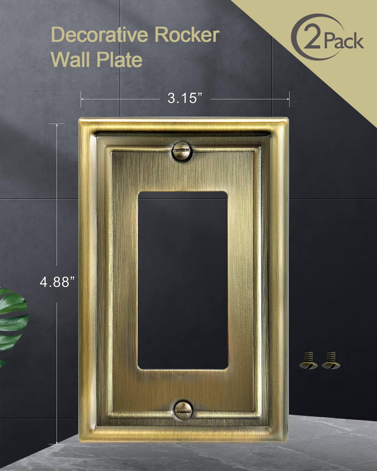2-Pack Antique Brass Decorator Wall Plate, Electrical Outlet Cover for Dimmer Switch, GFCI Outlet and Receptacal, Metal Light Switch Cover, 3.15''*4.88'', Midsize