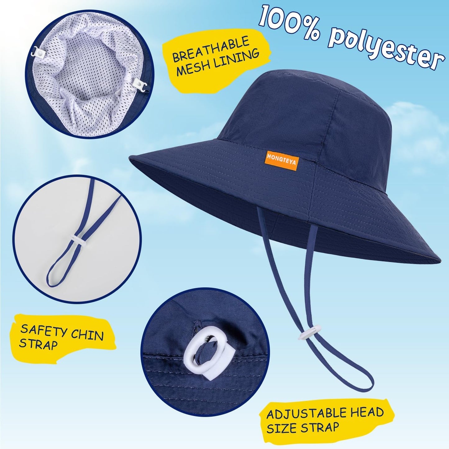 Baby Sun Hat Kids Summer UPF 50+ Toddler Bucket Hat Wide Brim Adjustable Beach Hats for Boys Girls Age 0-6 Years