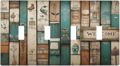 Light Switch Covers Vintage Wood Brown Turquoise Splicing Quad Toggle Electrical Faceplate 4 Gang Wall Plate Decorative Switch Plates For Farmhouse Cabin Decor