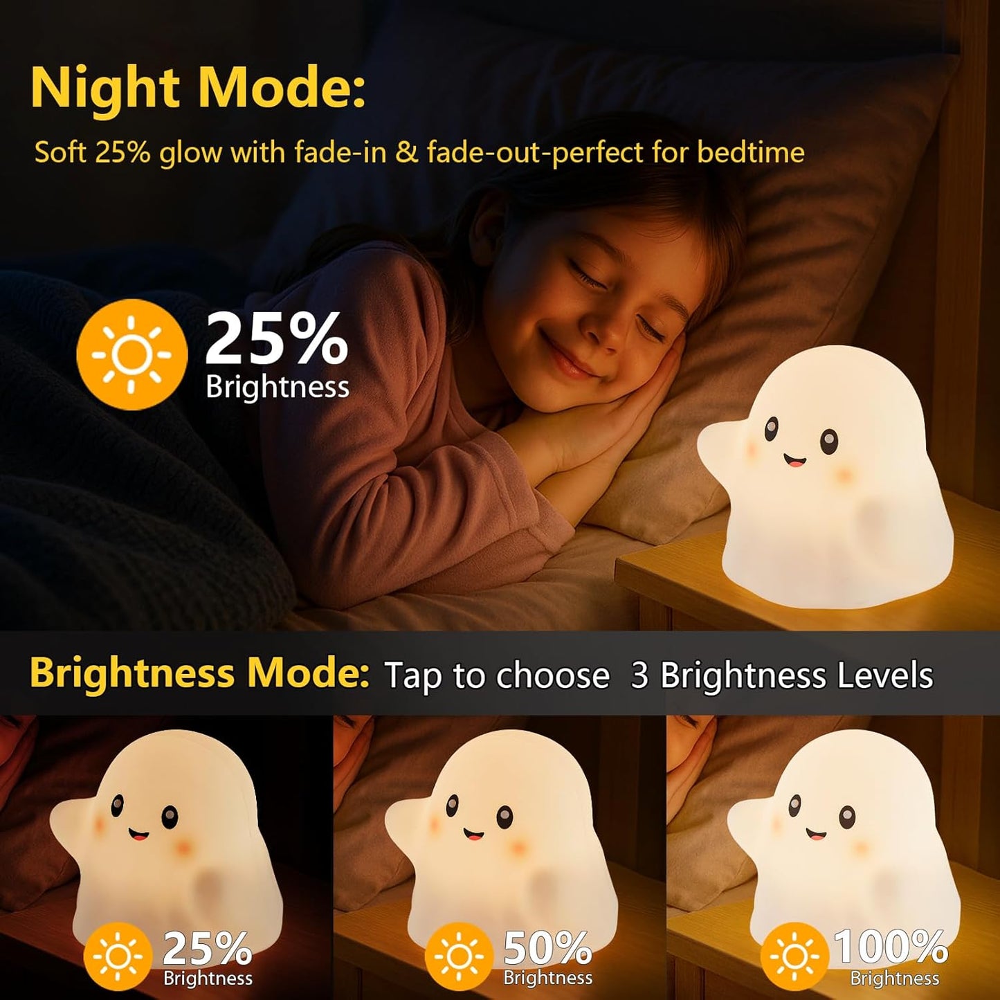 Halloween Ghost Night Light RGB – Touch Night Light for Kids, Rainbow Color-Changing,30-Min Timer,Sounds & Sleep Music, Squishy Silicone, USB Rechargeable, Nursery Decor, Ghost Light Decor
