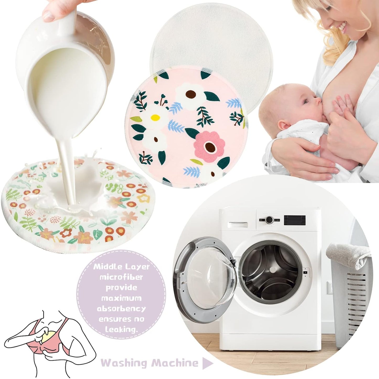 Sosation 30 Pcs Reusable Breast Pads Bamboo Nursing Pads with Wet and Laundry Bag Floral Nipple