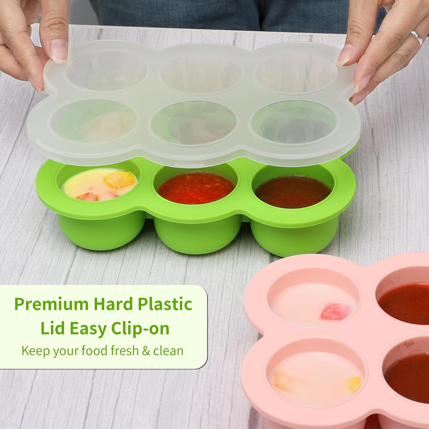 Baby Silicone Freezer Tray with Clip on Lid, 6 x 3 OZ Baby Silicone Freezer Molds, Silicone Storage