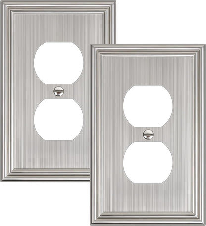 2-Pack Single Duplex Outlet Cover Plate, Decorative Brushed Nickel Switch Plates and Outlet Covers, Metal Wall Plates for Electrical Outlets, 1 Gang Receptacle Cover, Corrosion Resistant