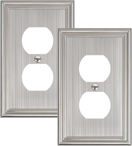 2-Pack Single Duplex Outlet Cover Plate, Decorative Brushed Nickel Switch Plates and Outlet Covers, Metal Wall Plates for Electrical Outlets, 1 Gang Receptacle Cover, Corrosion Resistant