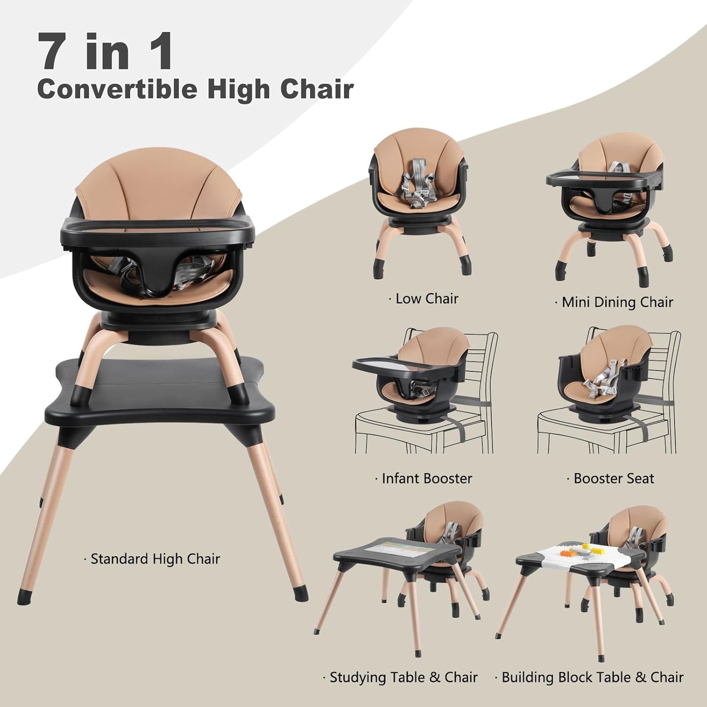 Baby High Chair, 7 in 1 Convertible High Chairs for Babies and Toddlers, Kids Learning Table