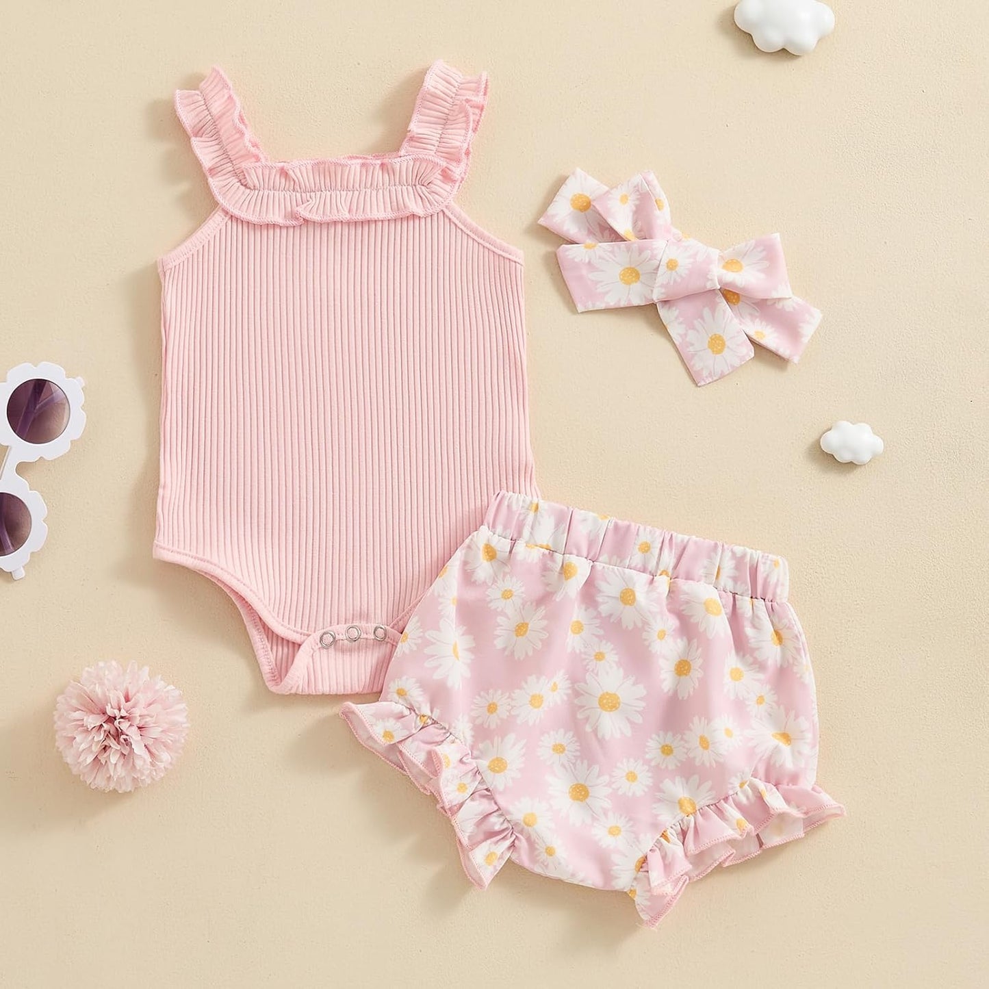 fhutpw Baby Girl Clothes Summer Cute Outfits 3 6 12 18 Months Spaghetti Strap Romper & Floarl Shorts Sets