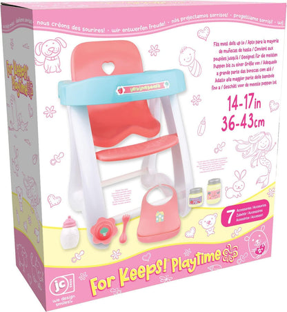 JC Toys - Doll High Chair | Fits Dolls up to 17" | Easy to Clean | Simple Assembly | 7 Piece Play
