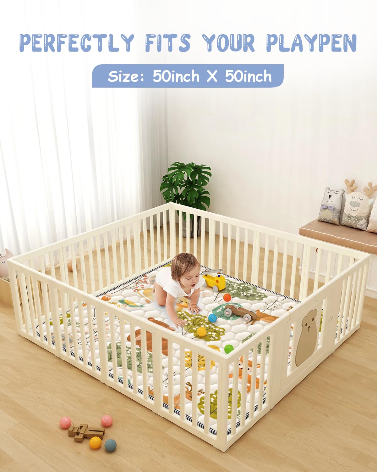 Baby Play Mat 50" X 50" Playpen Mat Waterproof Baby Floor Mat Non-Slip Cushioned Baby Crawling Mat, Activity Playmats for Babies, Toddlers, Infants, Play & Tummy Time (50x50, Fox)