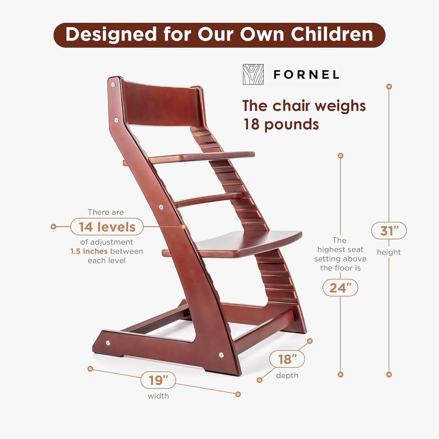FORNEL Adjustable High Chair in Dark Walnut Finish | The Forever Chair That Grows from Toddler to