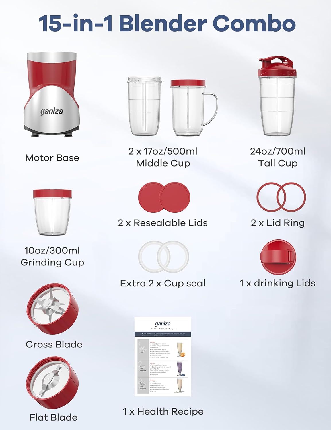 Ganiza Smoothie Blender, 900W Blenders for Shakes and Smoothies, 15-Piece Personal Blender and