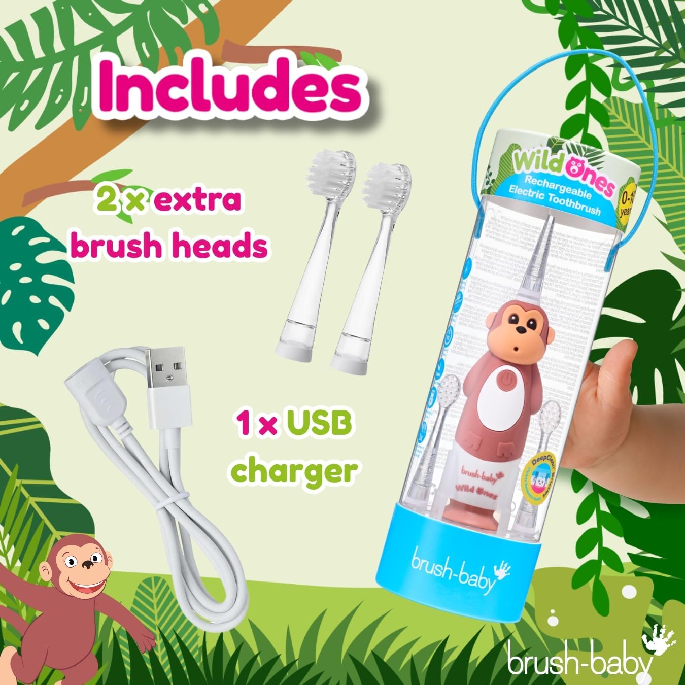 brush-baby WildOnes™ Rechargeable Kids Electric Toothbrush – Monkey | Flashing Lights, 2-Min Timer