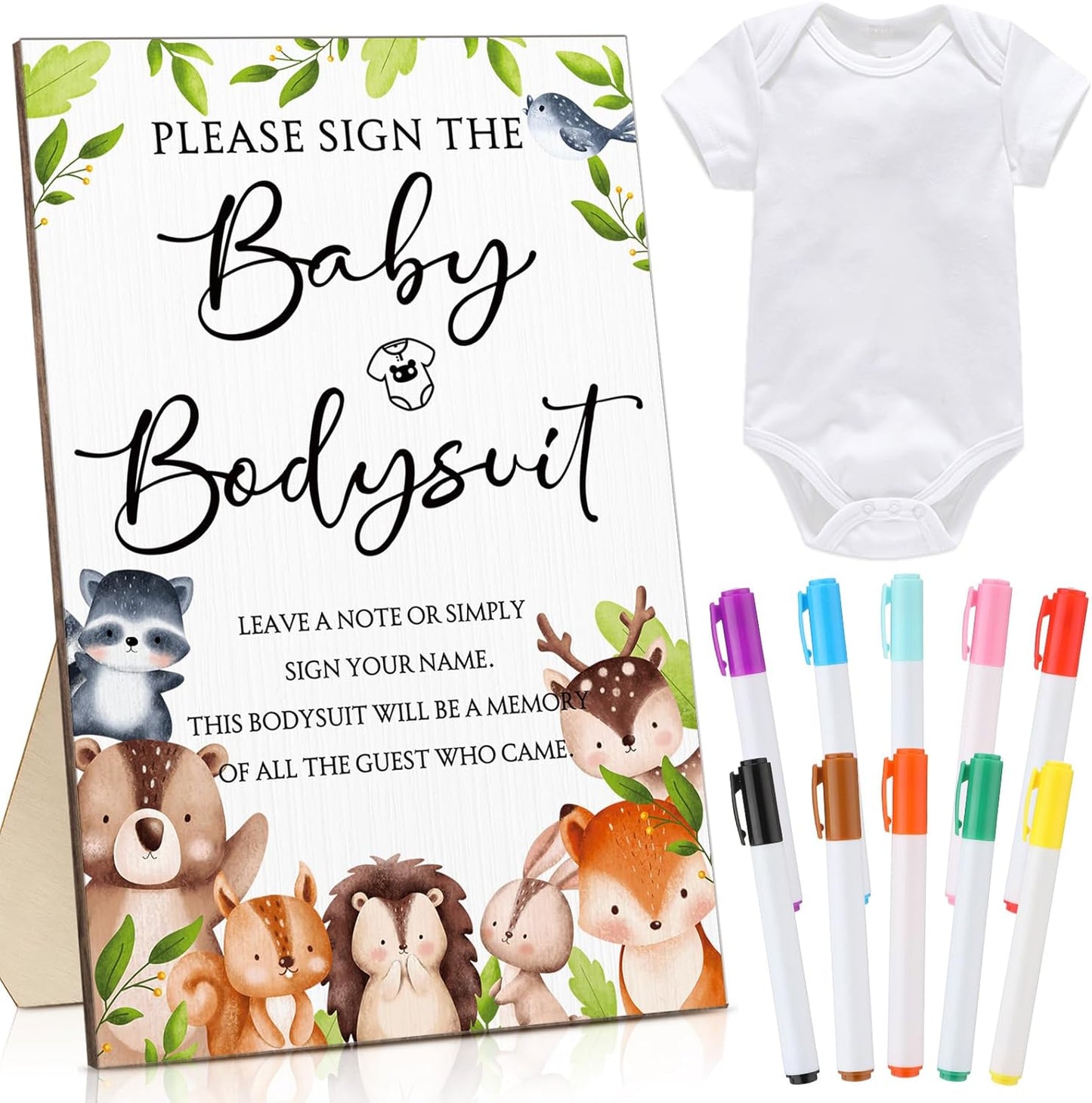 Qunclay 12 Pcs Baby Bodysuit Baby Shower Game Include 1 Game Wooden Sign Tabletop Decor 1 White Blank Newborn Bodysuit 10 Fabric Marker for Gender Reveal Party(Woodland)