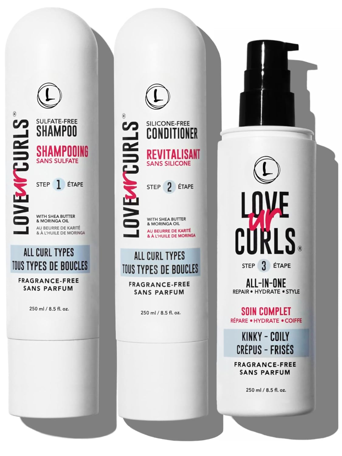 Love Ur Curls Fragrance Free Shampoo & Conditioner Set with All in One Curl Cream Styler for Kinky