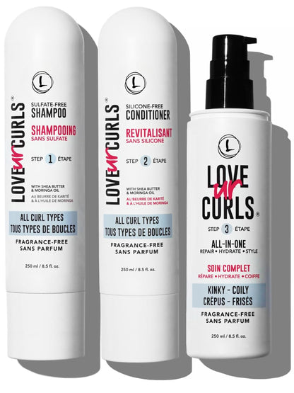 Love Ur Curls Fragrance Free Shampoo & Conditioner Set with All in One Curl Cream Styler for Kinky
