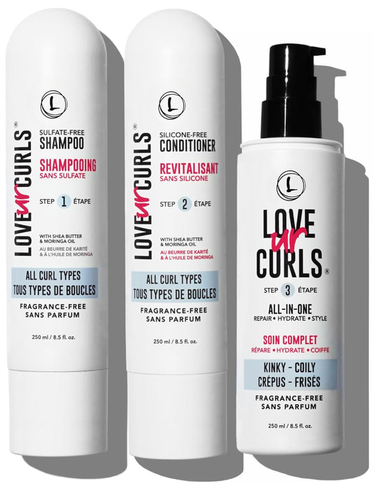 Love Ur Curls Fragrance Free Shampoo & Conditioner Set with All in One Curl Cream Styler for Kinky