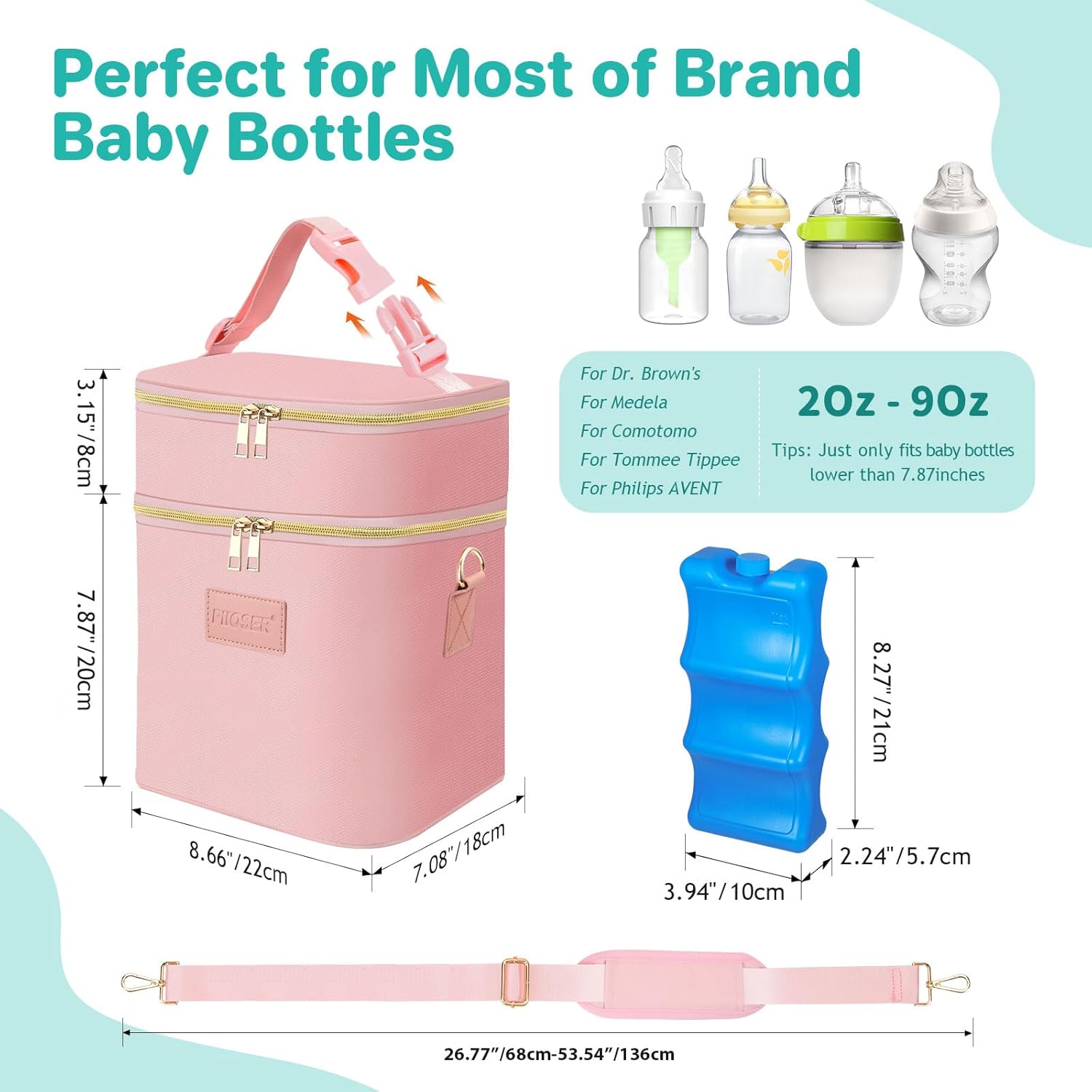 PIIOSER Breastmilk Cooler Bag with Ice Pack Fits 6 Baby Bottles Up to 9 Ounce, Insulated Baby