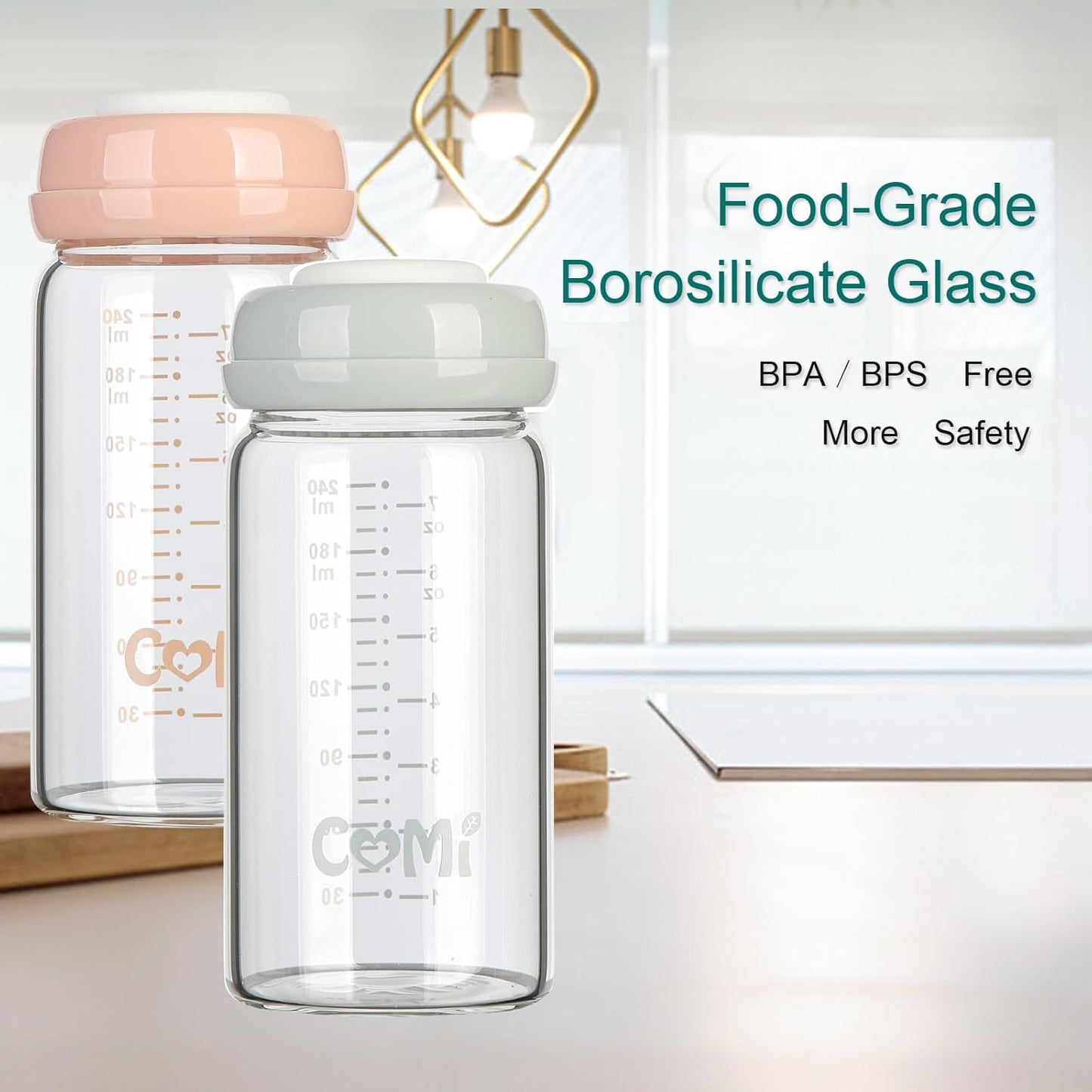 COMI Wide Neck Glass Breastmilk Collection n Storage Bottle, 8oz with Screw Ring Sealing Disk;