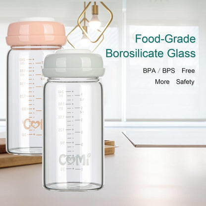 COMI Wide Neck Glass Breastmilk Collection n Storage Bottle, 8oz with Screw Ring Sealing Disk;