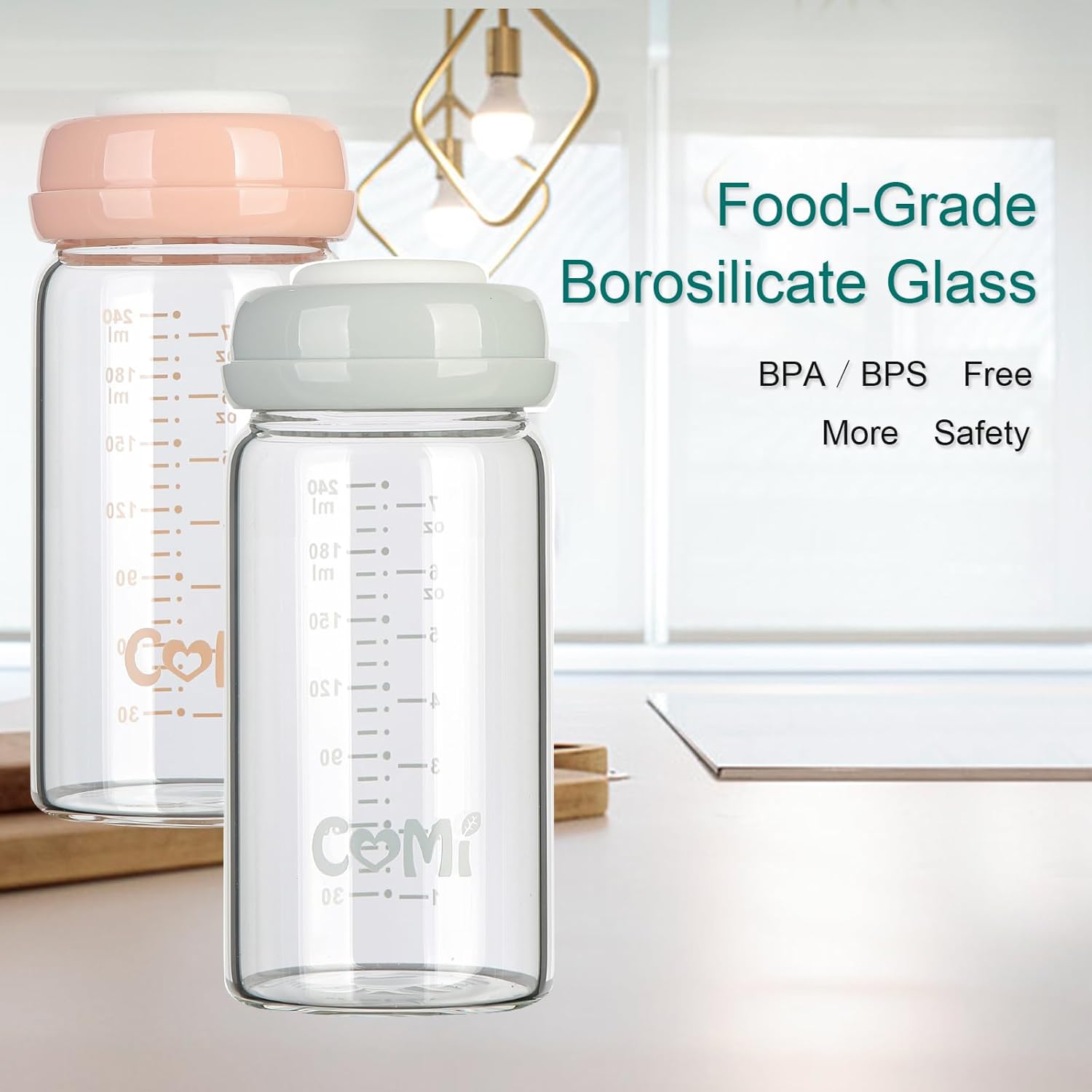 COMI Wide Neck Glass Breastmilk Collection n Storage Bottle, 8oz with Screw Ring Sealing Disk;