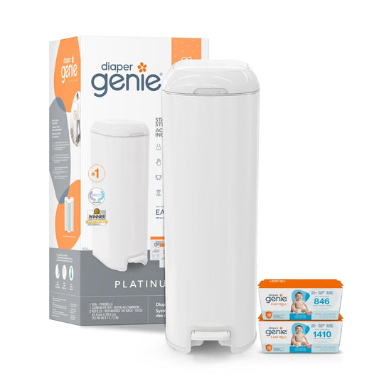 Diaper Genie Platinum Pail Gift Set, Lily White, Made of Durable Stainless Steel and Includes 2 Easy Roll Refills with 18 Bags and 30 Bags