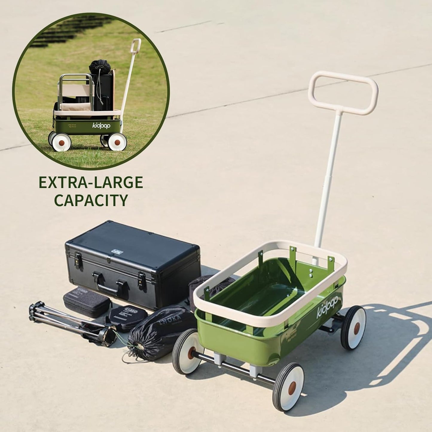 PULA-Wild 3-in-1 Kids' Pull-Along Wagon Toddlers Push Walker for 2.5-8, Removable Wooden Cover and Adjustable Handlebar, Birthday Gifts Max Weight 33 lbs (Green)