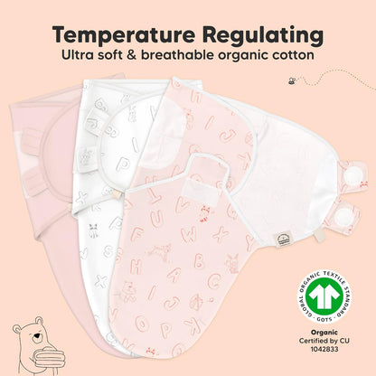 3-Pack Organic Baby Swaddle Sleep Sacks - Swaddles for Newborns, Infant 0-3 Months, Baby Girls, Boys, Soft & Snug Newborn Sleep Sack, Nursery Swaddling Blankets (ABC Land Rose)
