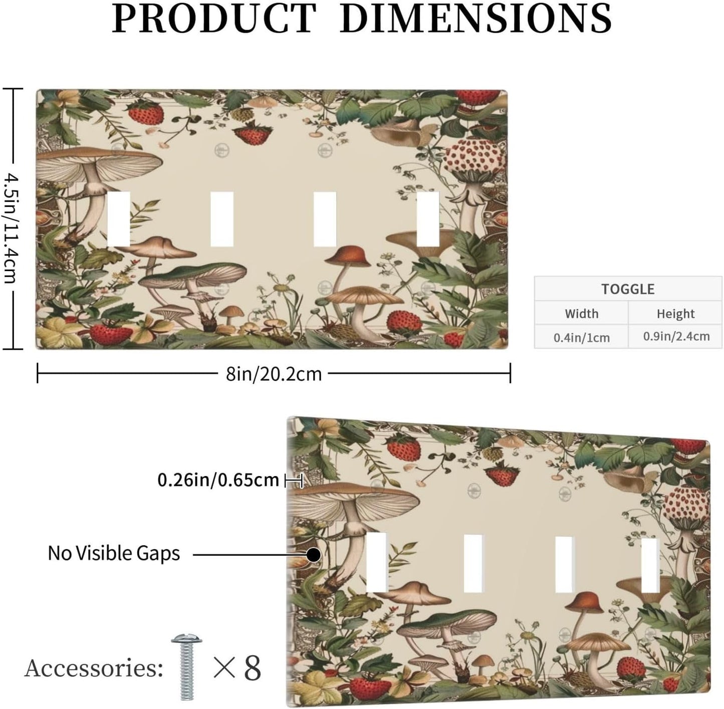 Decorative Switch Covers Plate Rustic Mushroom Garden Red Strawberry 4 Gang Artistic Wall Plate Unique Quad Toggle Light Switch Plate Jumbo Faceplate for Bedroom Home Decor