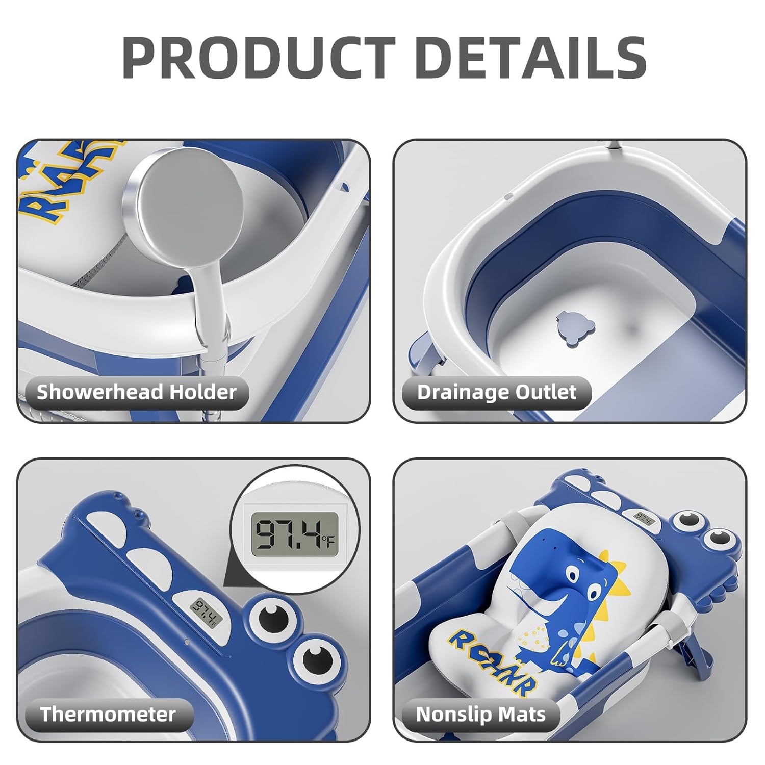 TPN Collapsible Baby Bathtub, Baby Bath Tub with Soft Cushion & Real-Time Thermometer, Baby Bathtub