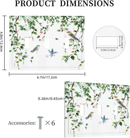 Decorative Switch Plates Green Leaves Bird Eucalyptus Sage Plant 3 Gang Wall Plate Triple Toggle Light Switch Cover Faceplate Electrical Wall Panels For Bed Room Living Room Decor