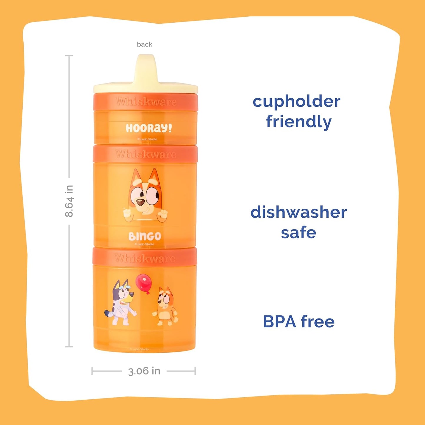 Whiskware Bluey Stackable Snack Containers for Kids and Toddlers, 3 Stackable Snack Cups for School