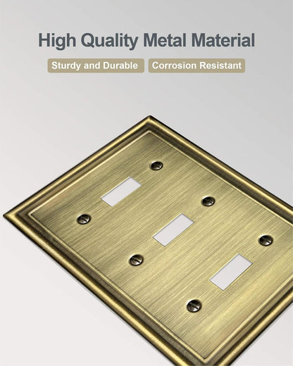 Triple Toggle Wall Plates, Metal Light Switche Covers, Antique Brass, 3-Gang, 2 Pack