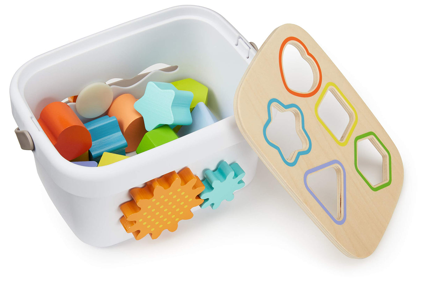 Amazon Basics Wooden Shape Sorter and Rainbow Stacker Classic Baby Toy Set-Sorting Play for Infants