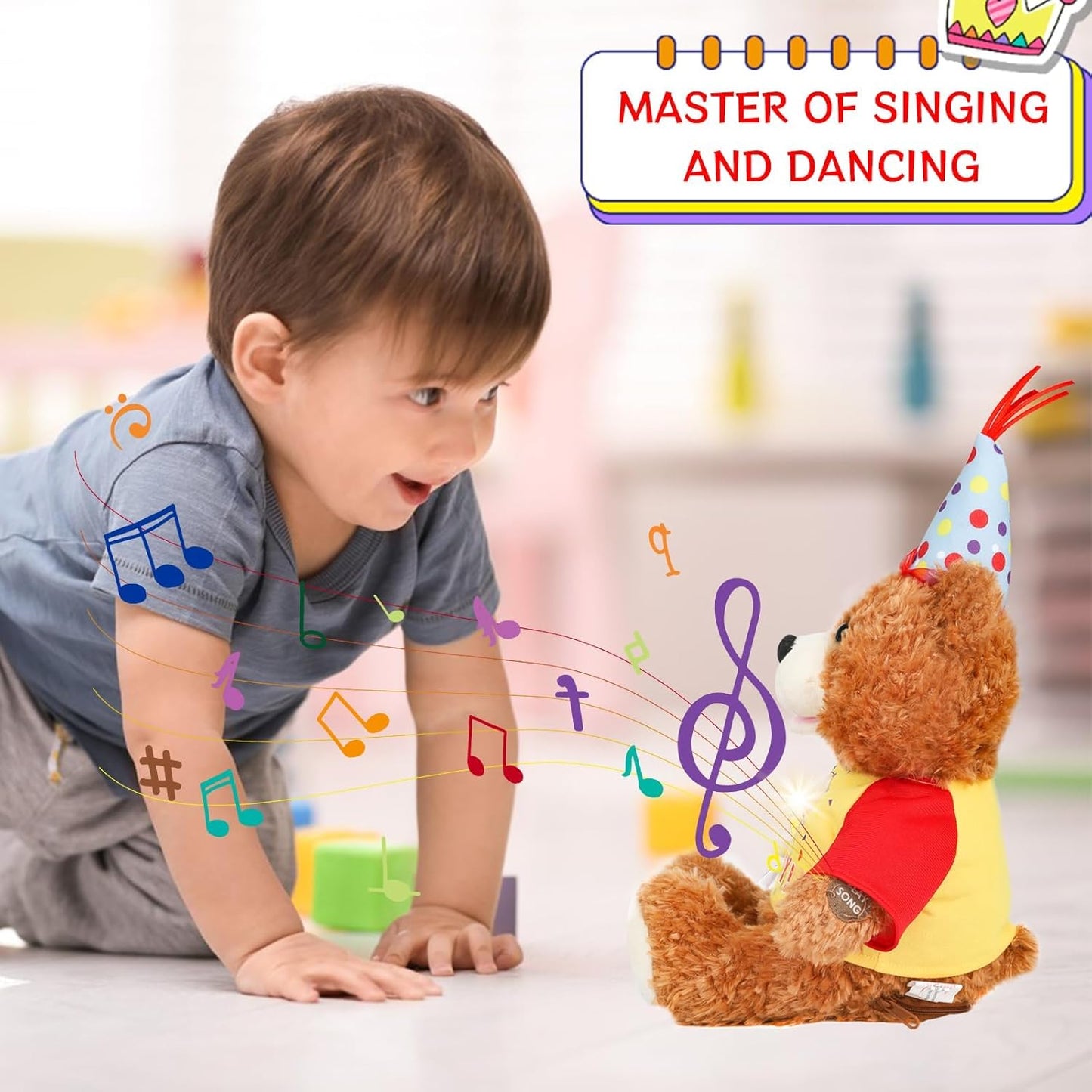 Singing Dancing Teddy Bear with Light Up Candle Playing Happy Birthday Song – Musical Interactive Plush Toy Stuffed Animal Birthday Gift for Kids Adults, 12”
