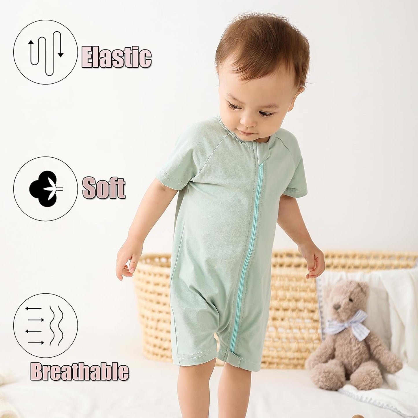 Feidoog Baby Boys 2Pack Rompers Summer Short Sleeve 2 Way Zipper One-Piece Romper Jumpsuit Sleep and Play